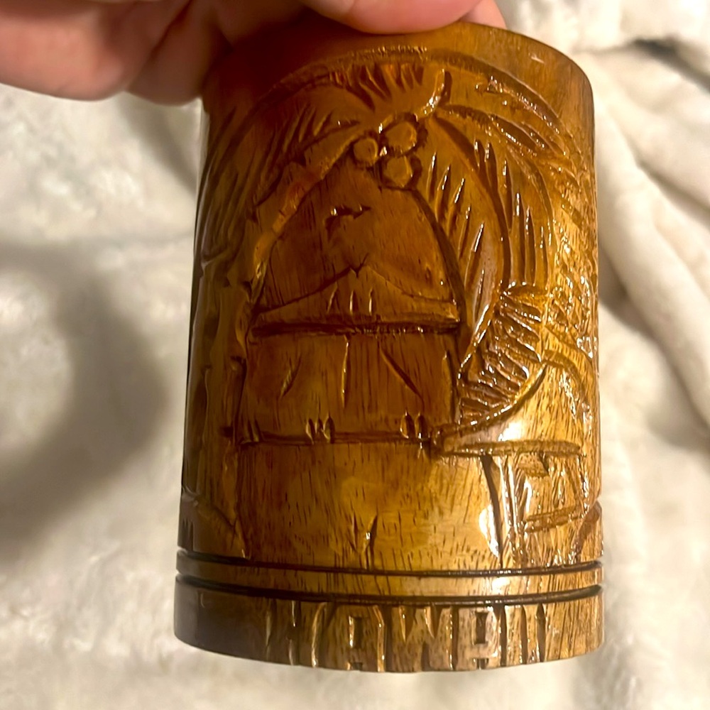 Hawaii tiki hand carved wood mug cup